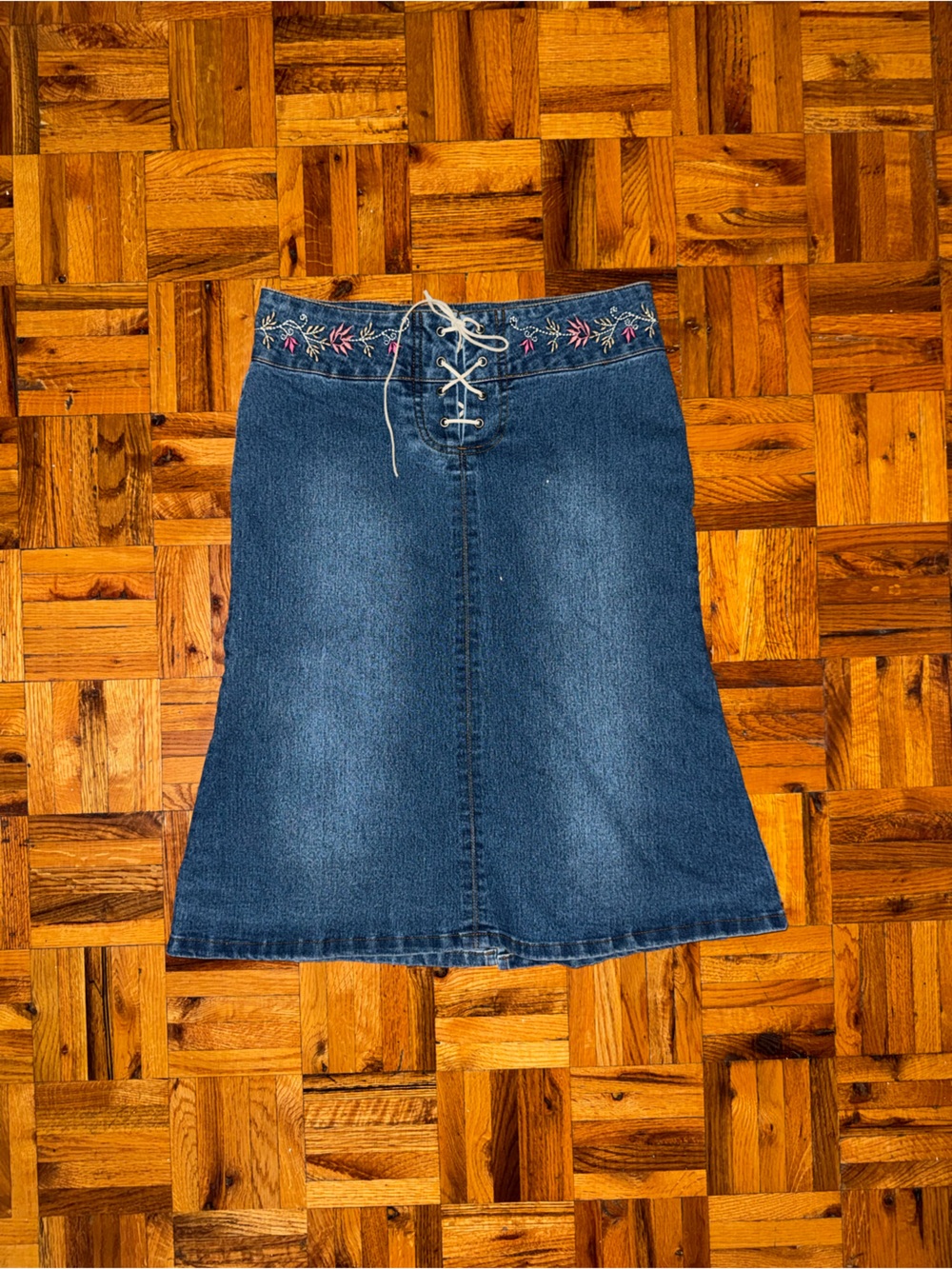 Stone Denim Floral Embroidered Midi Skirt